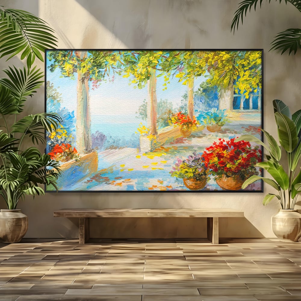 Tablou canvas cu pictura terasa insorita cu flori rosii, in rama de aluminiu negru